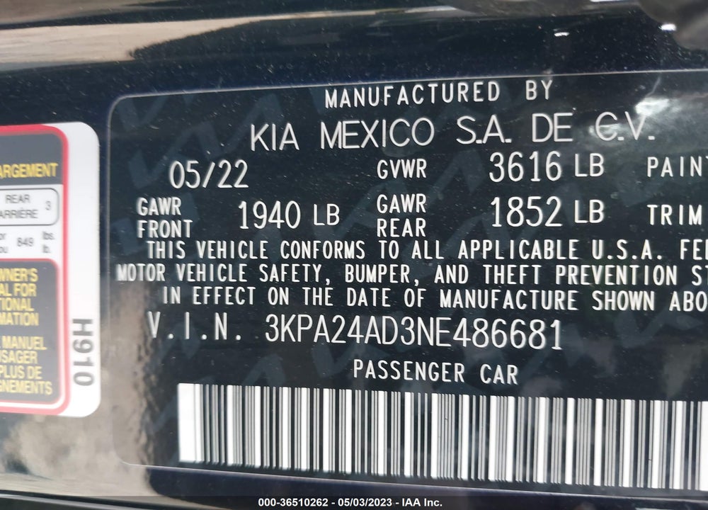 2022 KIA RIO S VIN: 3KPA24AD3NE486681