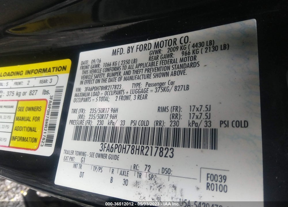 2017 FORD FUSION SE VIN: 3FA6P0H78HR217823