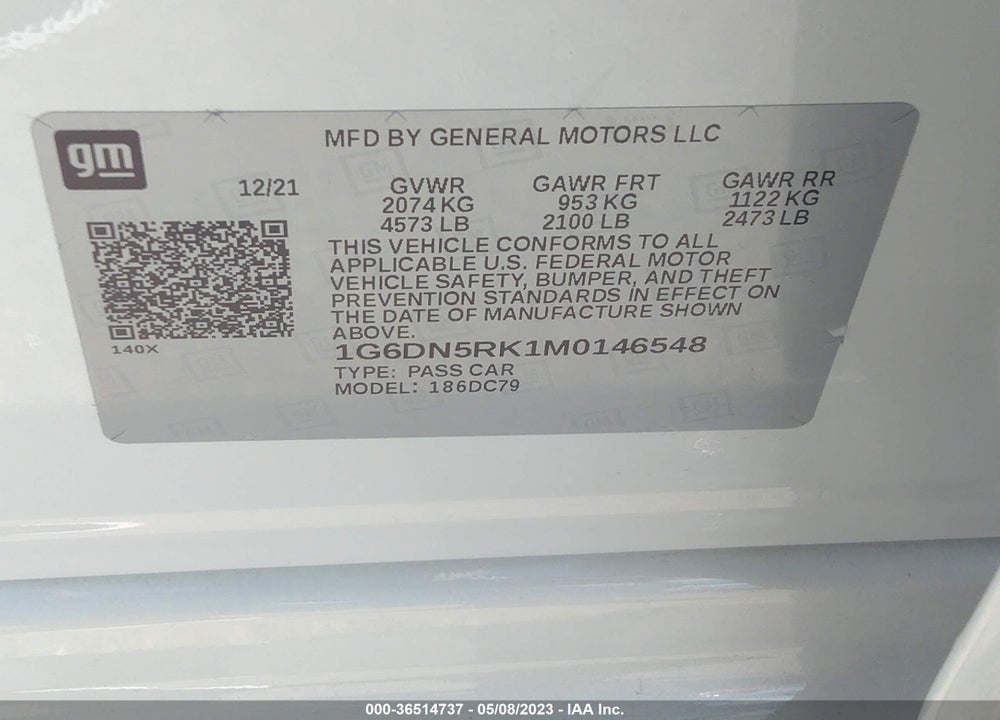 2021 CADILLAC CT5 PREMIUM LUXURY VIN: 1G6DN5RK1M0146548