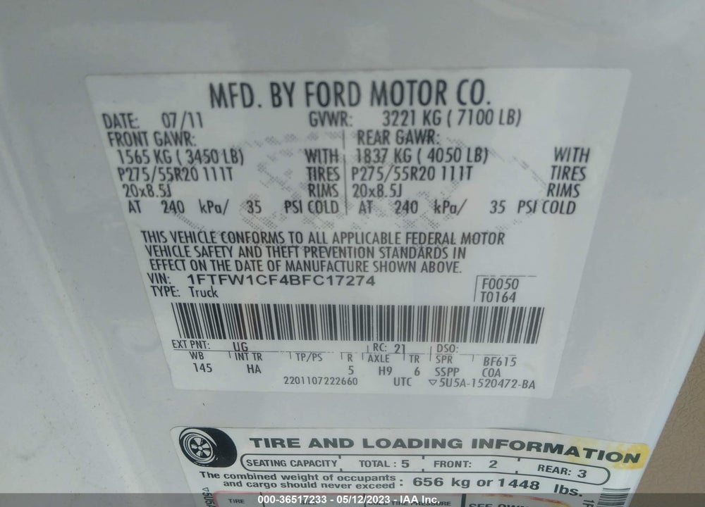 2011 FORD F-150 VIN: 1FTFW1CF4BFC17274