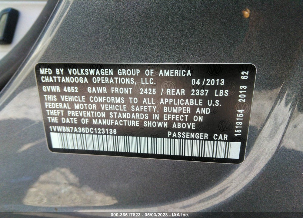2013 VOLKSWAGEN PASSAT 2.0L TDI SE VIN: 1VWBN7A36DC123136