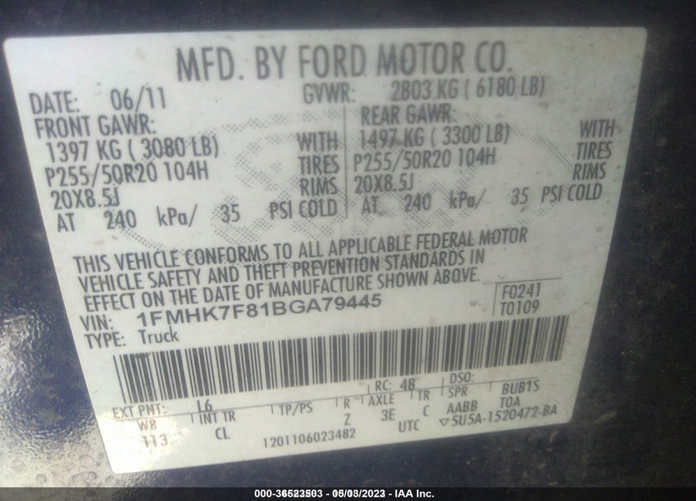 2011 FORD EXPLORER LIMITED VIN: 1FMHK7F81BGA79445