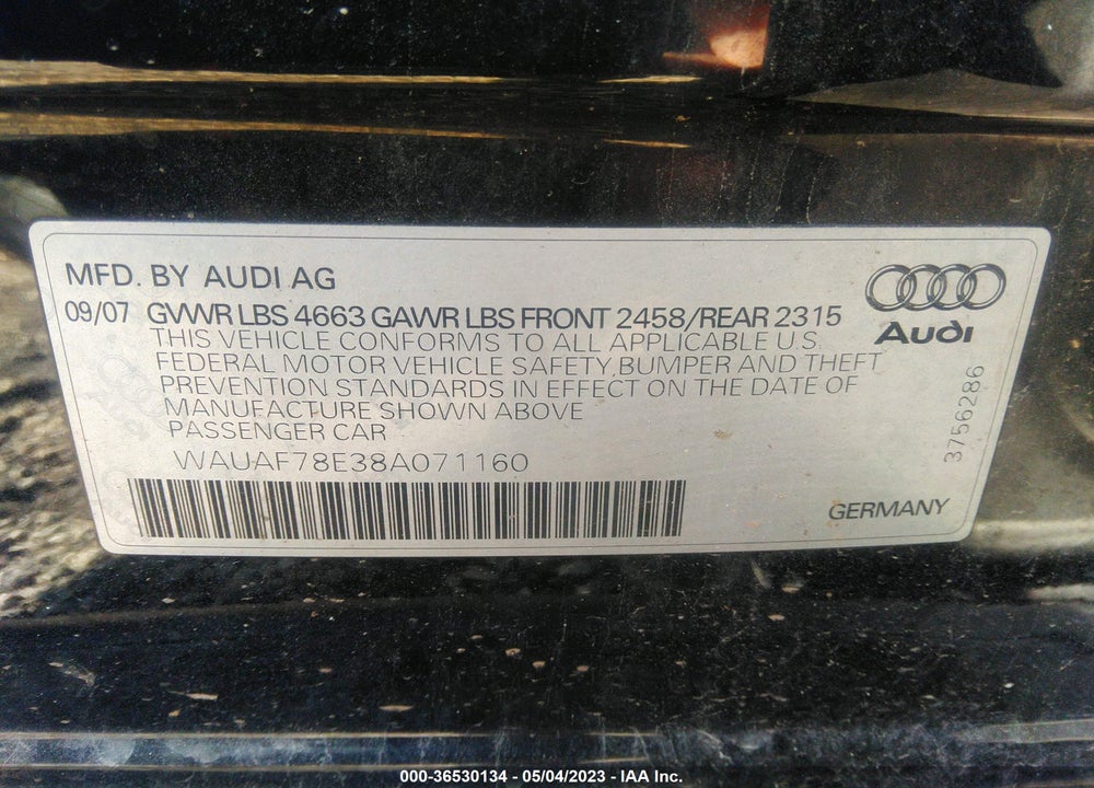 2008 AUDI A4 2.0T VIN: WAUAF78E38A071160