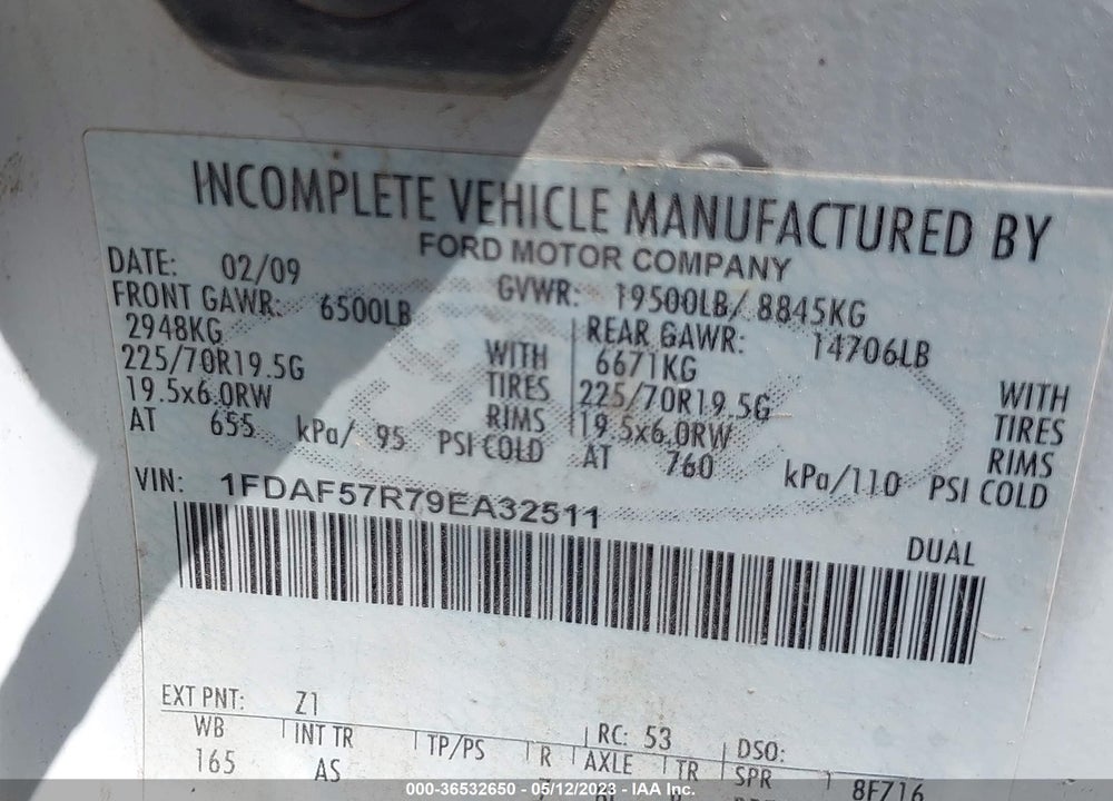 2009 FORD F-550 CHASSIS XLT/XL VIN: 1FDAF57R79EA32511