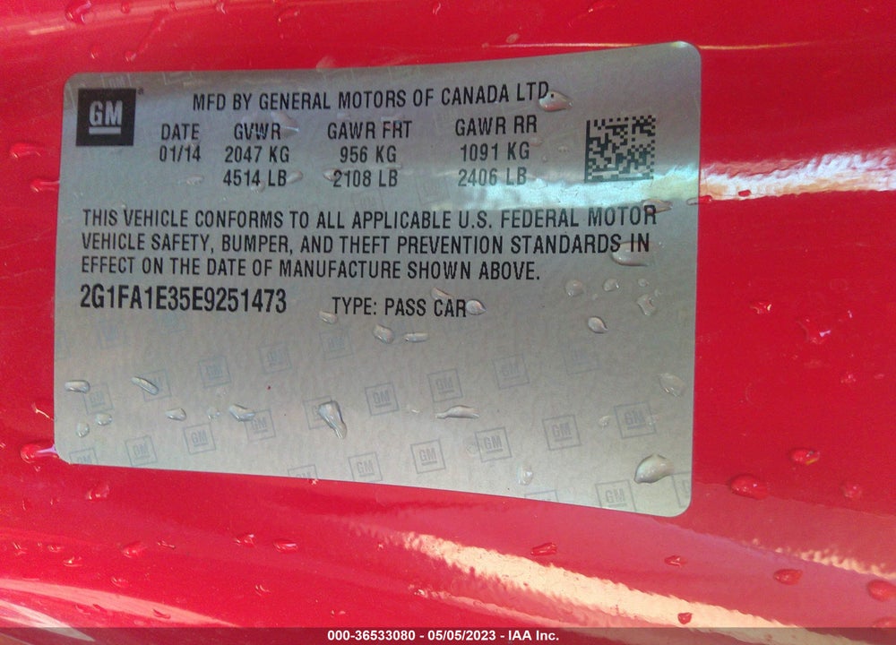 2014 CHEVROLET CAMARO 2LS VIN: 2G1FA1E35E9251473