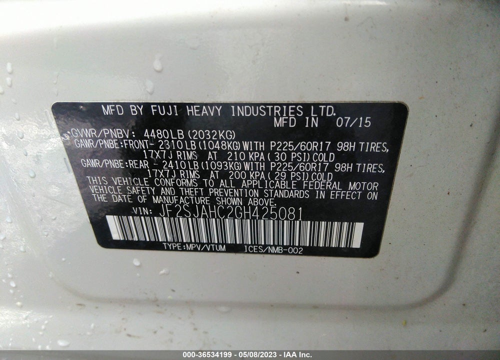 2016 SUBARU FORESTER 2.5I LIMITED VIN: JF2SJAHC2GH425081