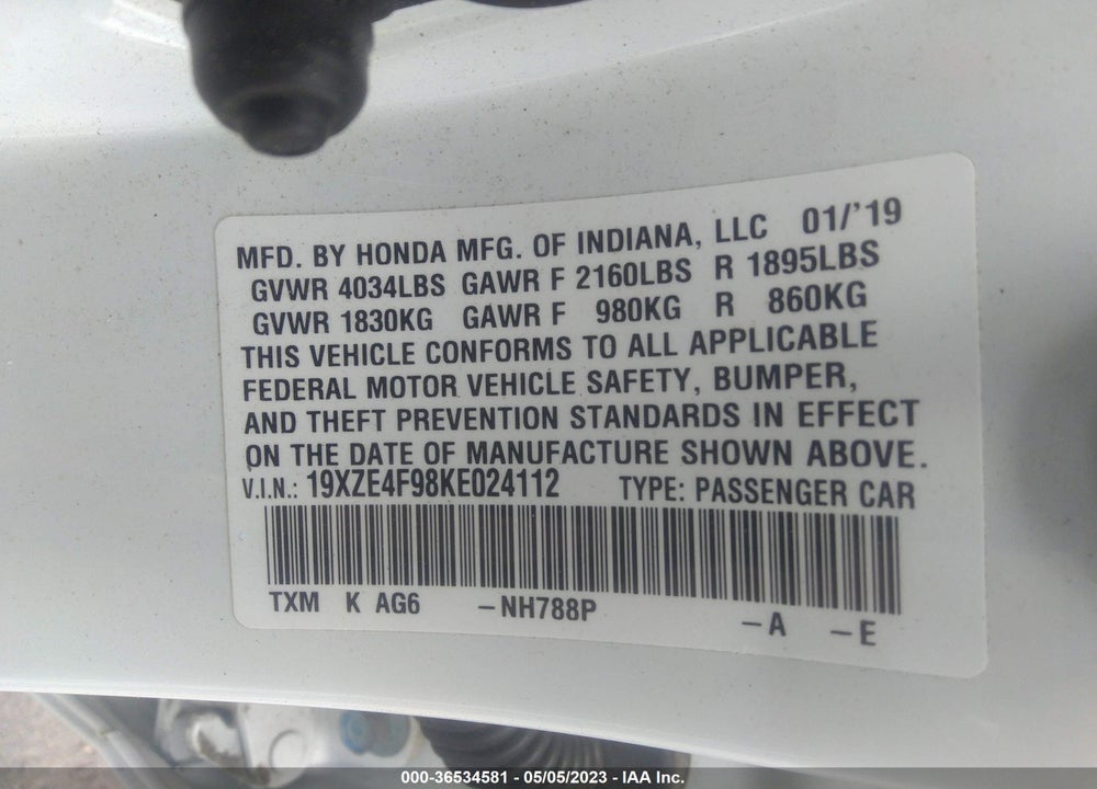 2019 HONDA INSIGHT TOURING VIN: 19XZE4F98KE024112