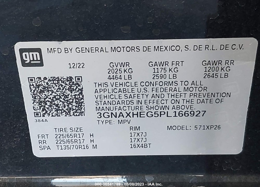 2023 CHEVROLET EQUINOX FWD LS VIN: 3GNAXHEG5PL166927