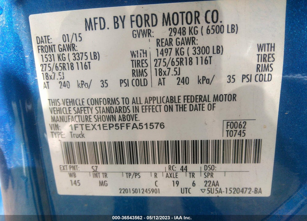 2015 FORD F-150 XLT VIN: 1FTEX1EP5FFA51576