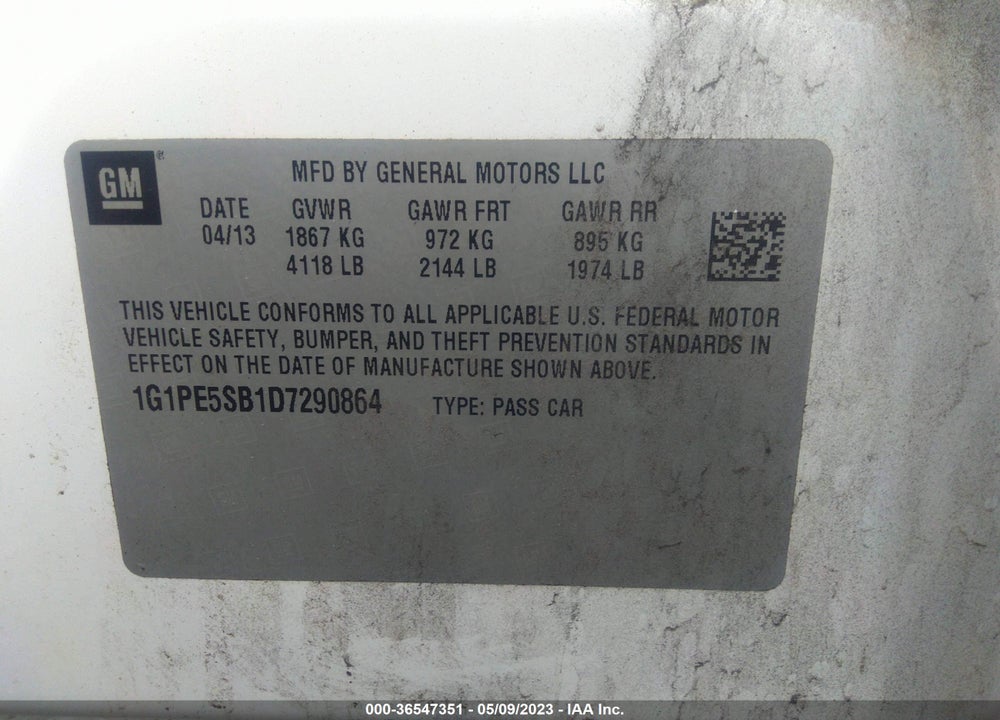 2013 CHEVROLET CRUZE 2LT AUTO VIN: 1G1PE5SB1D7290864