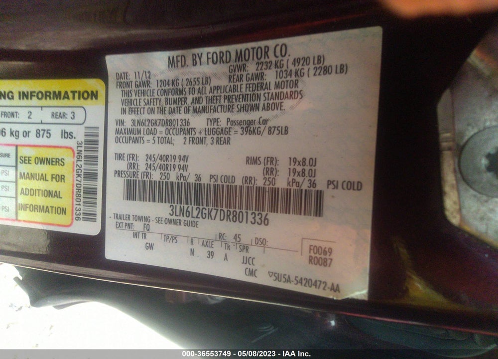 2013 LINCOLN MKZ VIN: 3LN6L2GK7DR801336