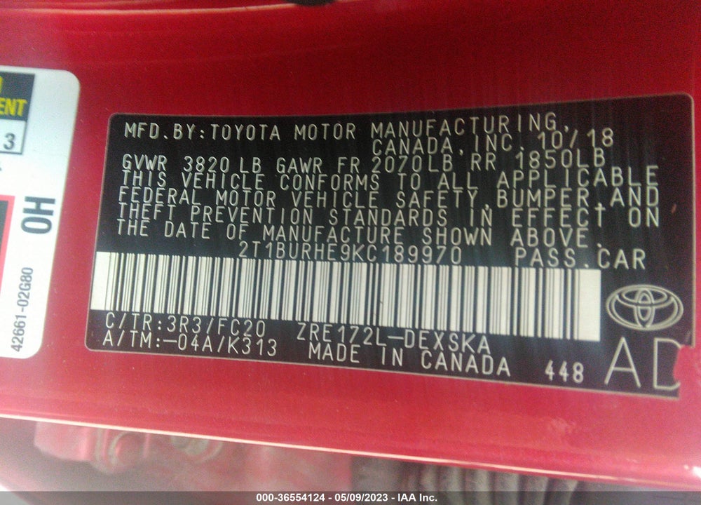 2019 TOYOTA COROLLA SE VIN: 2T1BURHE9KC189970