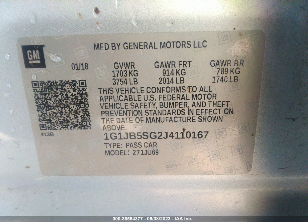 2018 CHEVROLET SONIC LS AUTO VIN: 1G1JB5SG2J4110167