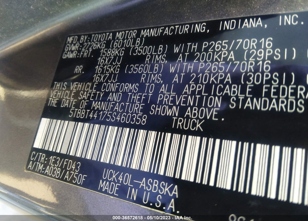 2005 TOYOTA TUNDRA SR5 V8 VIN: 5TBBT44175S460358