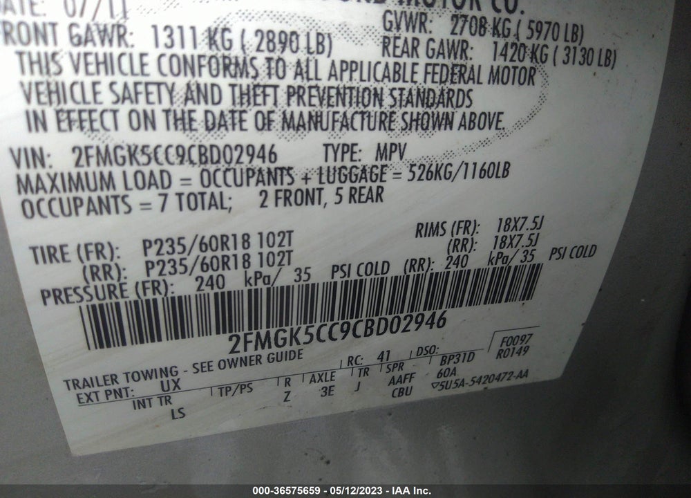 2012 FORD FLEX SEL VIN: 2FMGK5CC9CBD02946