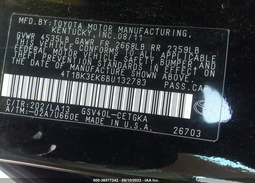 2011 TOYOTA CAMRY XLE V6 VIN: 4T1BK3EK6BU132783
