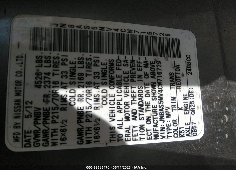 2012 NISSAN ROGUE VIN: JN8AS5MV4CW716729