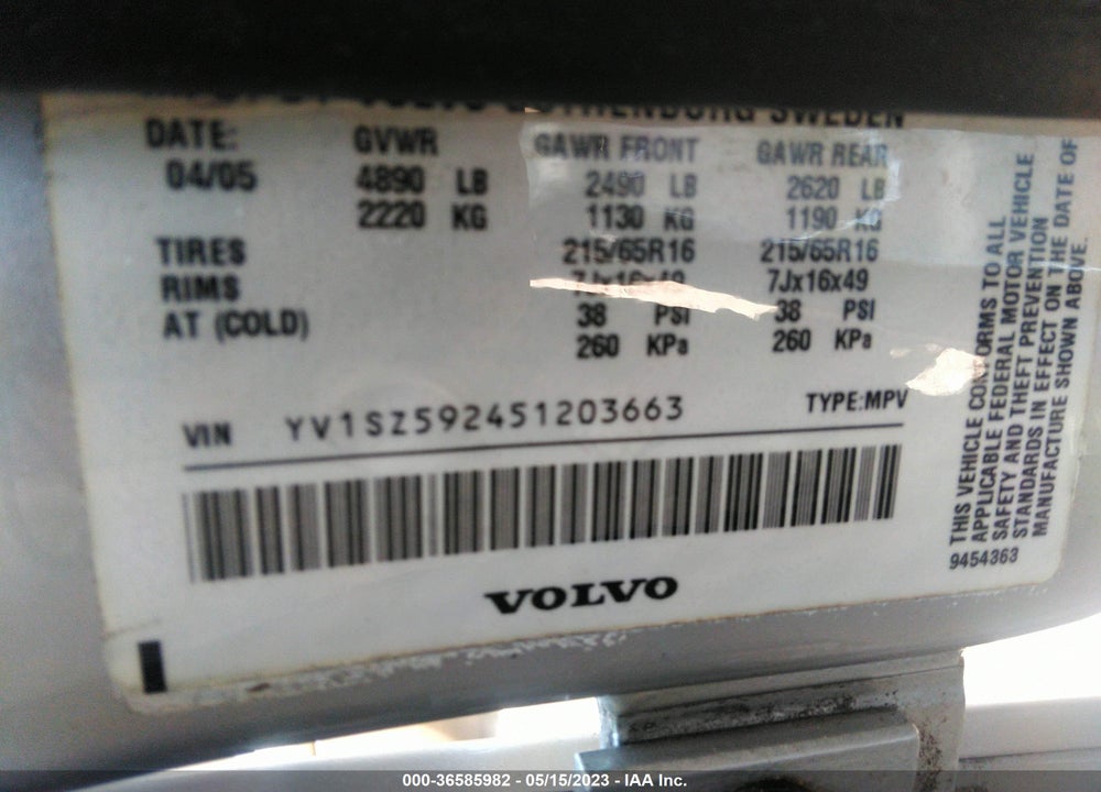 2005 VOLVO XC70 2.5T AWD VIN: YV1SZ592451203663