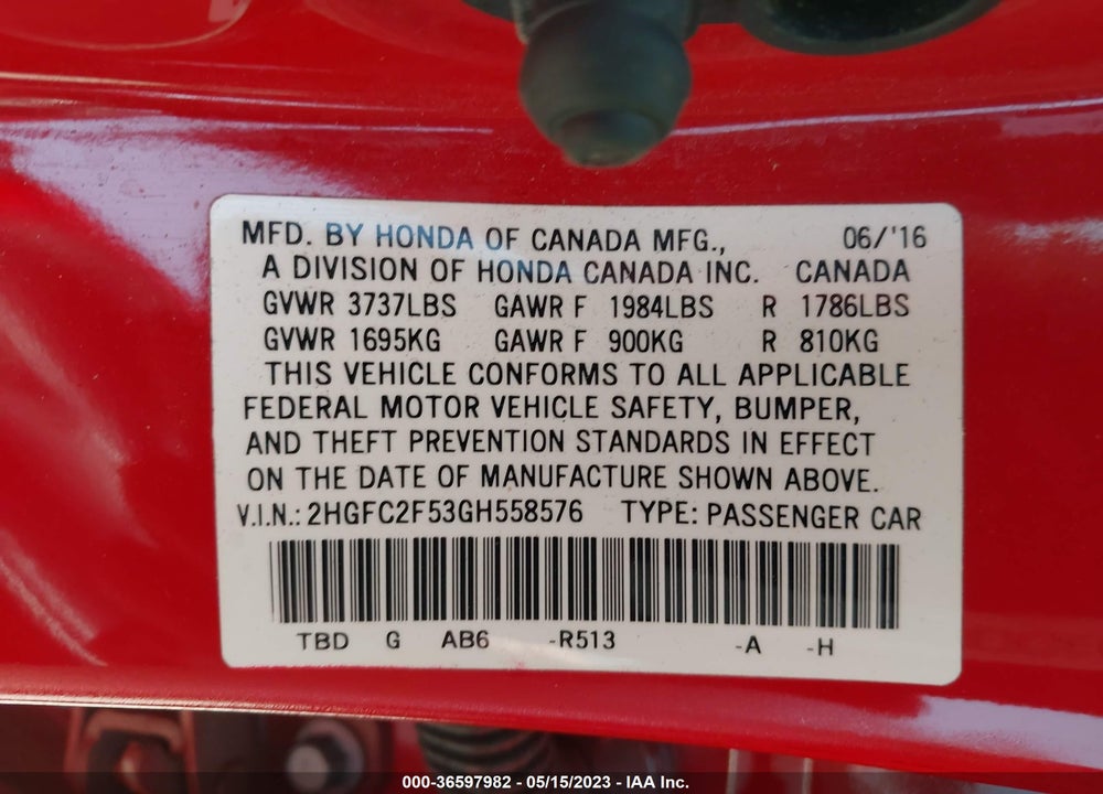 2016 HONDA CIVIC LX VIN: 2HGFC2F53GH558576