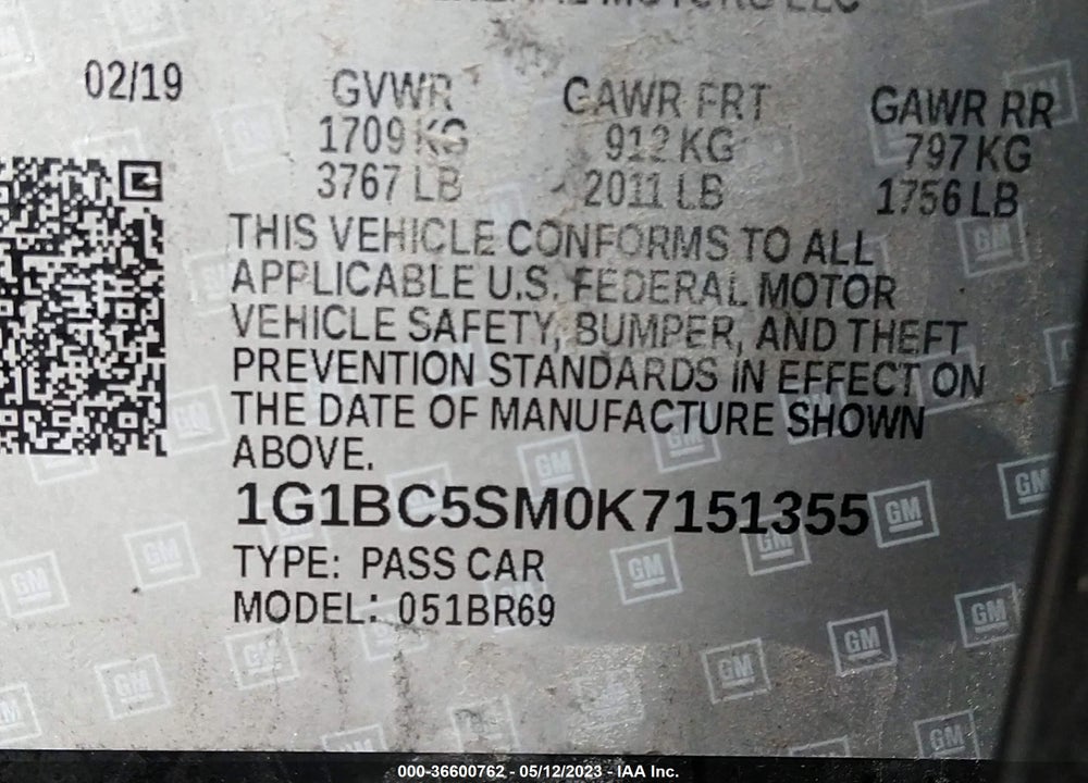 2019 CHEVROLET CRUZE LS VIN: 1G1BC5SM0K7151355