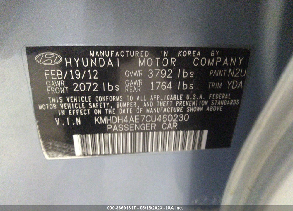 2012 HYUNDAI ELANTRA LIMITED (ULSAN PLANT) VIN: KMHDH4AE7CU460230