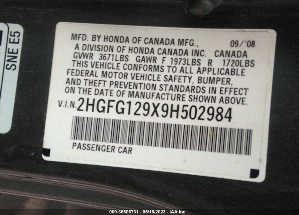2009 HONDA CIVIC CPE VIN: 2HGFG129X9H502984