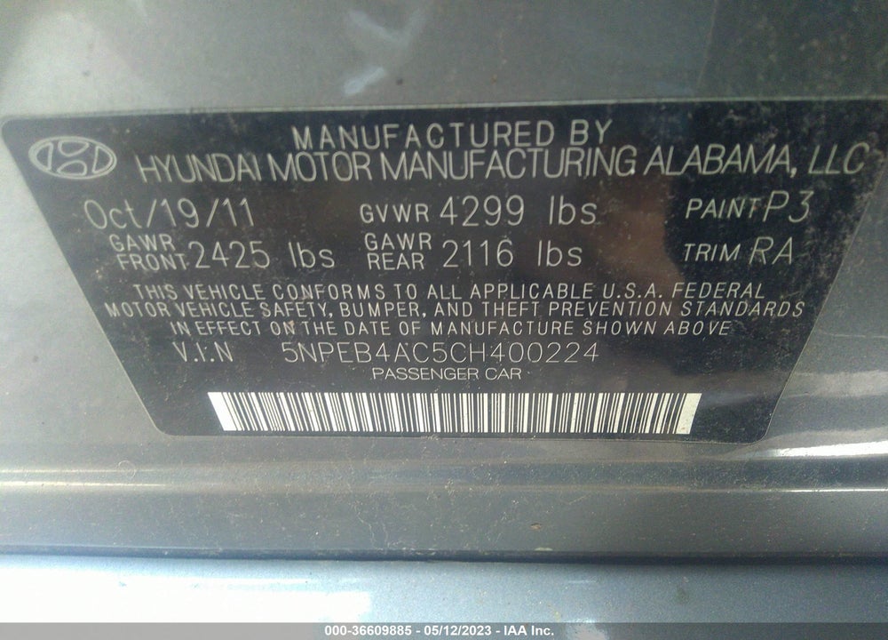 2012 HYUNDAI SONATA GLS VIN: 5NPEB4AC5CH400224