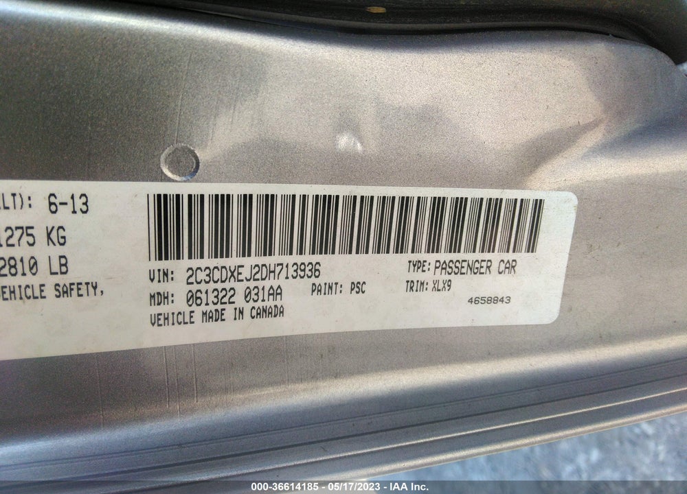 2013 DODGE CHARGER SRT8 VIN: 2C3CDXEJ2DH713936