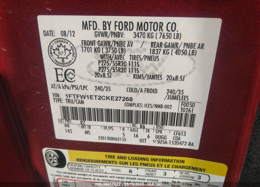 2012 FORD F-150 VIN: 1FTFW1ET2CKE27268