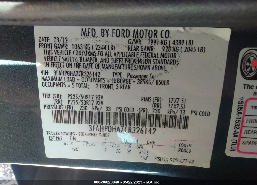 2012 FORD FUSION SE VIN: 3FAHP0HA7CR326142