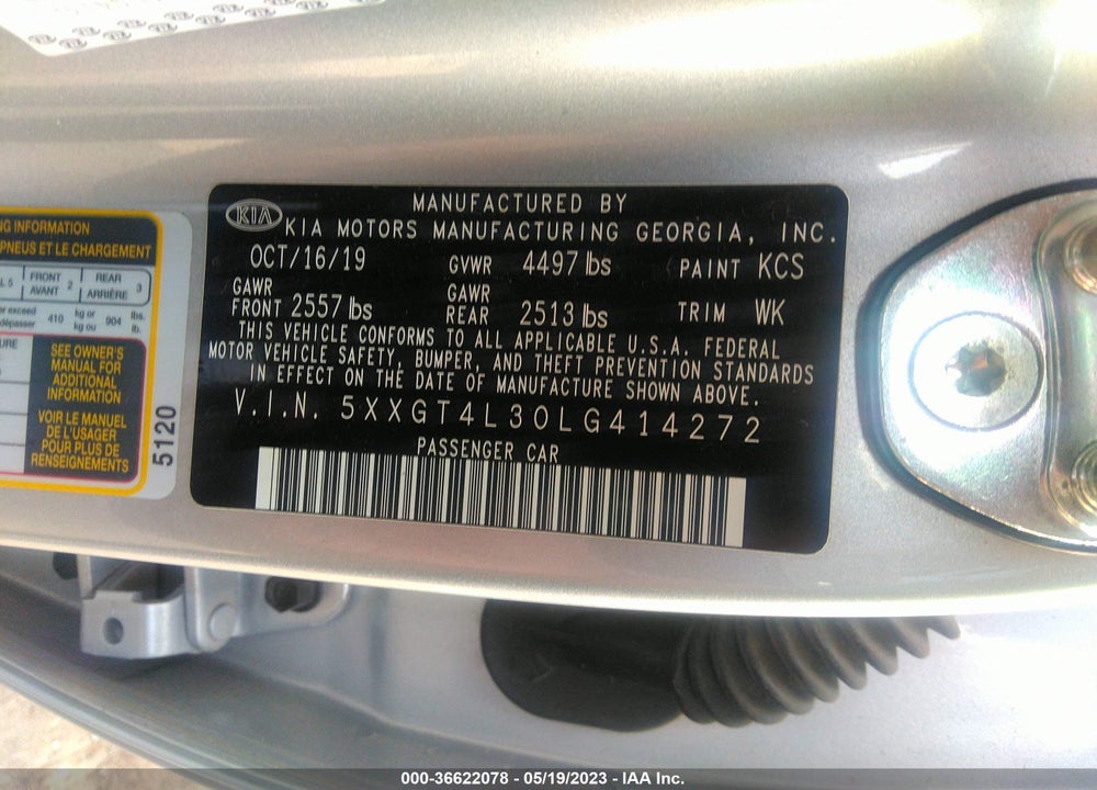2020 KIA OPTIMA VIN: 5XXGT4L30LG414272