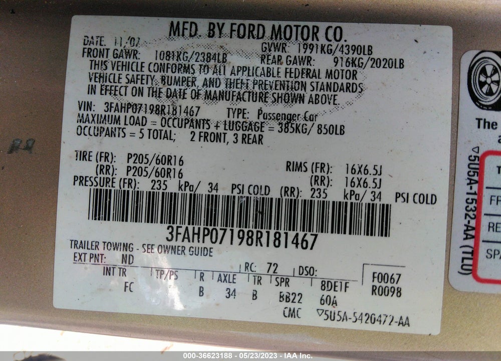 2008 FORD FUSION SE VIN: 3FAHP07198R181467