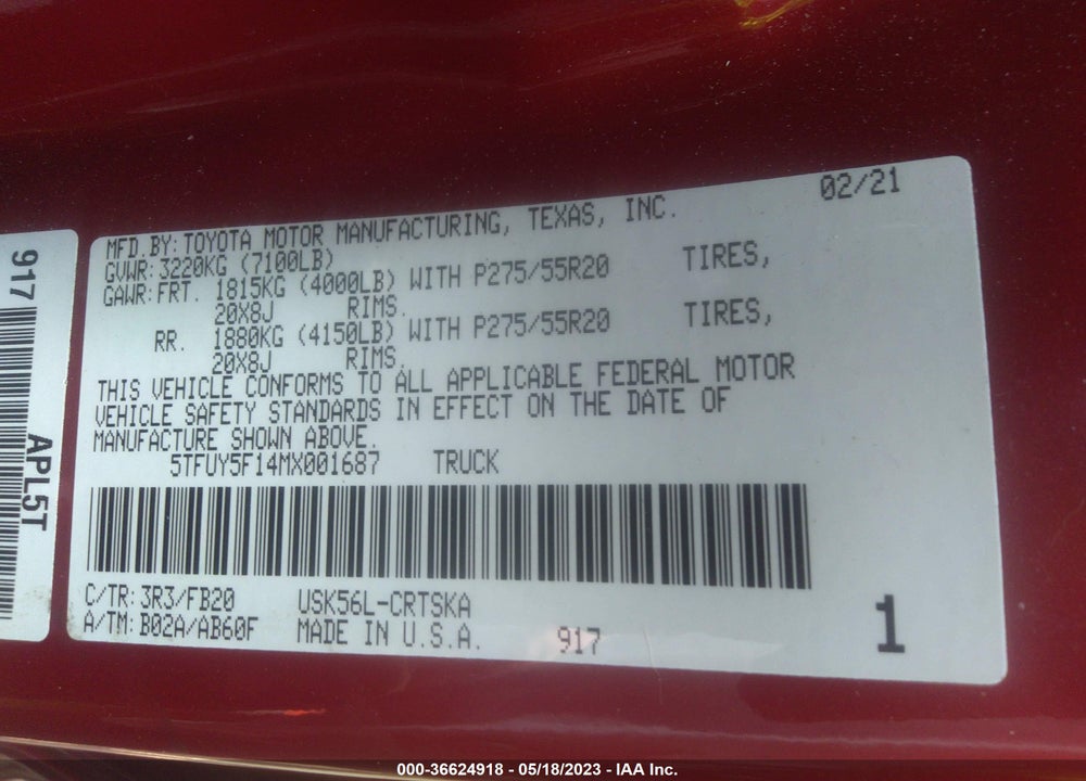 2021 TOYOTA TUNDRA SR5 VIN: 5TFUY5F14MX001687