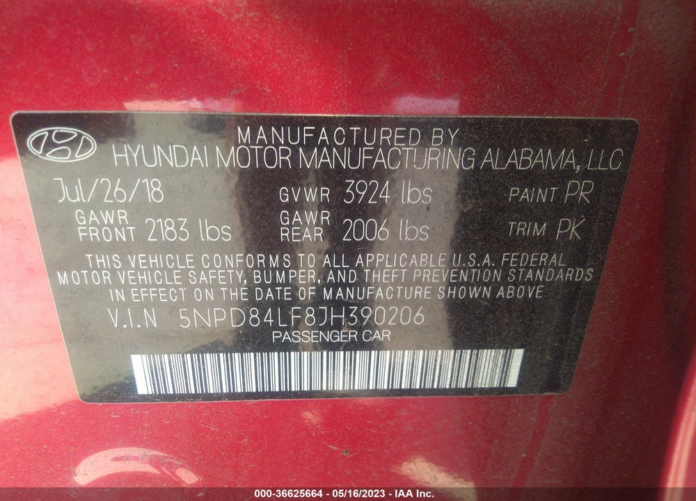 2018 HYUNDAI ELANTRA SEL VIN: 5NPD84LF8JH390206