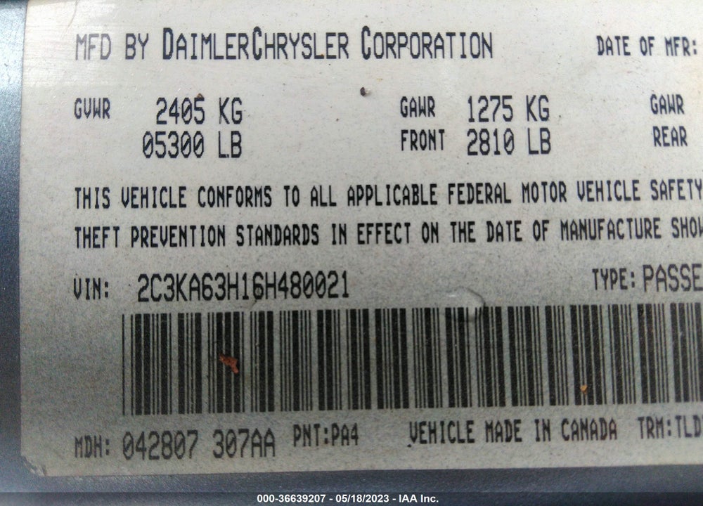 2006 CHRYSLER 300 C VIN: 2C3KA63H16H480021