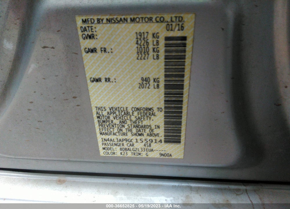 2016 NISSAN ALTIMA 2.5 SL/2.5 SR/2.5 SV/2.5/2.5 S VIN: 1N4AL3AP9GC155914