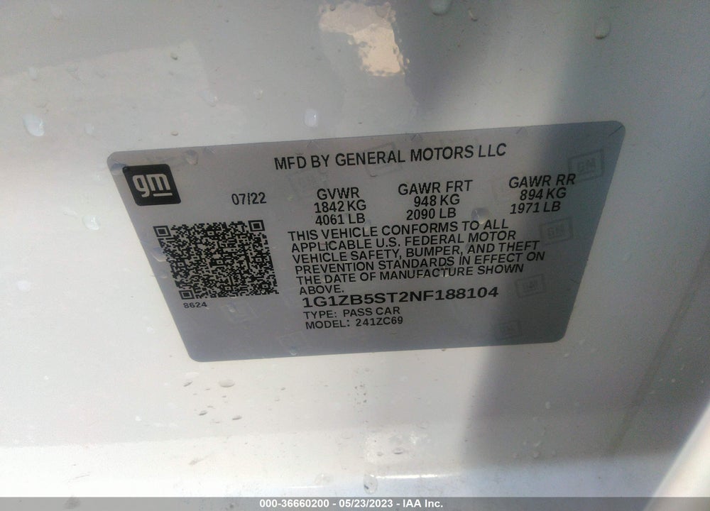 2022 CHEVROLET MALIBU FWD LS VIN: 1G1ZB5ST2NF188104