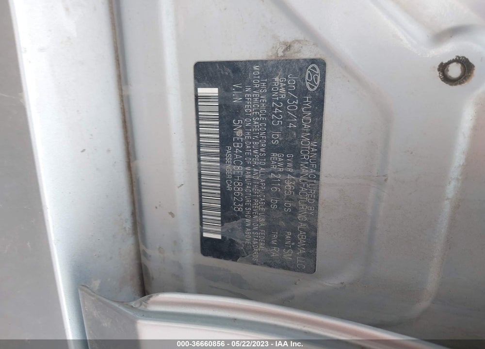 2014 HYUNDAI SONATA GLS VIN: 5NPEB4AC8EH886238