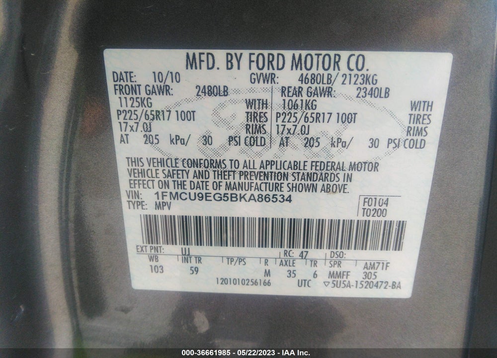 2011 FORD ESCAPE LIMITED VIN: 1FMCU9EG5BKA86534