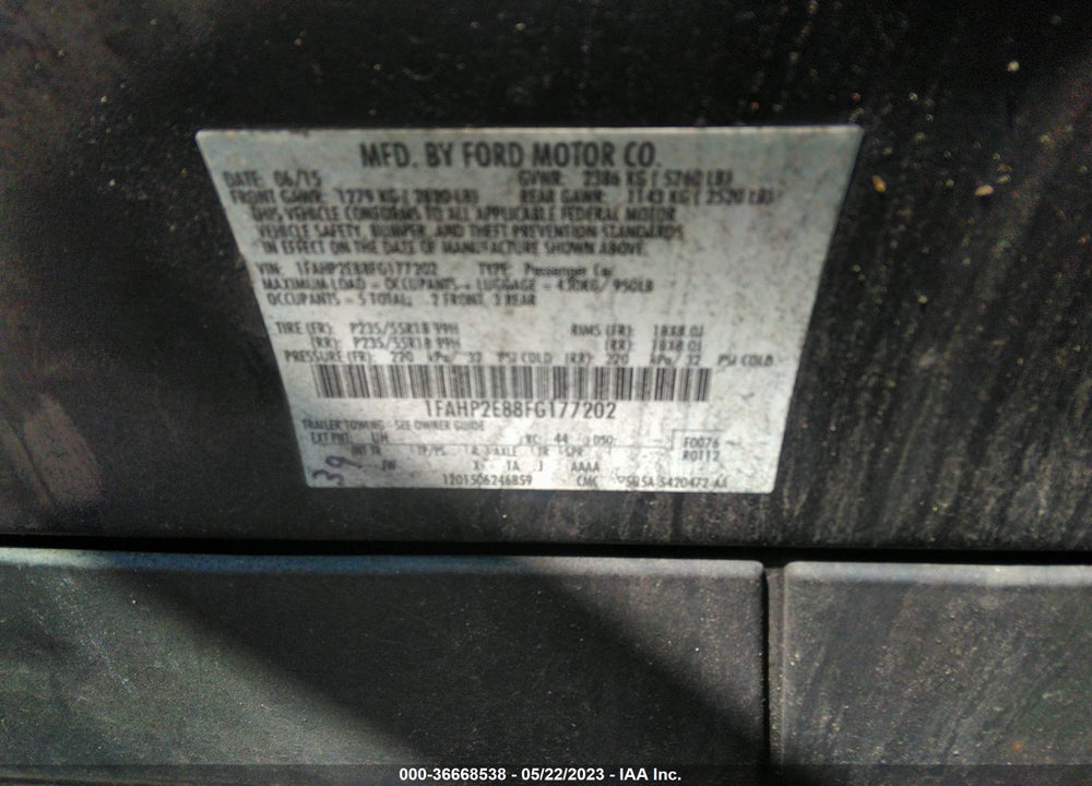 2015 FORD TAURUS VIN: 1FAHP2EB8FG177202