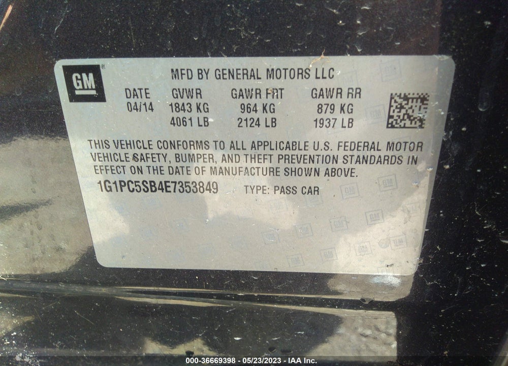 2014 CHEVROLET CRUZE 1LT AUTO VIN: 1G1PC5SB4E7353849