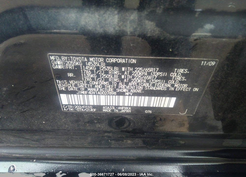 2010 TOYOTA RAV4 VIN: JTMBF4DV1AD027898