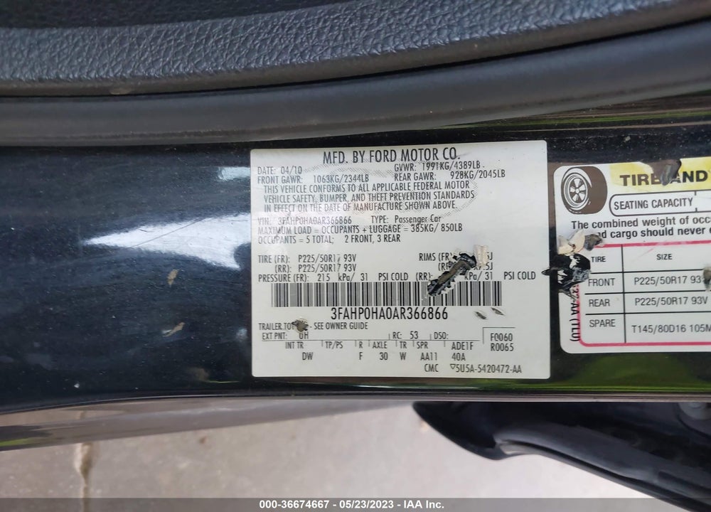 2010 FORD FUSION SE VIN: 3FAHP0HA0AR366866