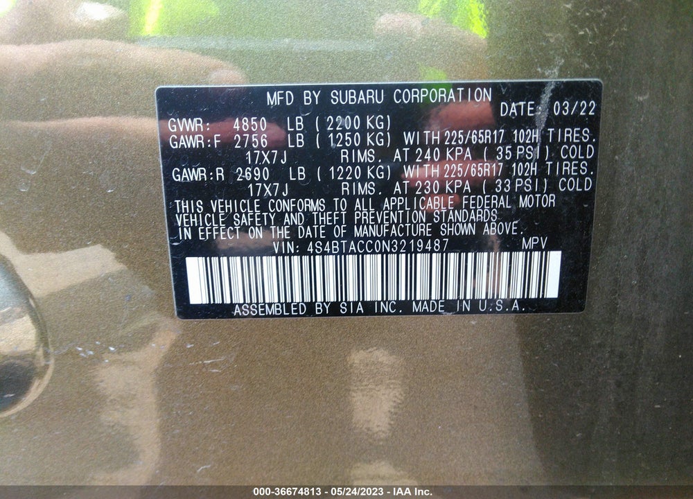 2022 SUBARU OUTBACK PREMIUM VIN: 4S4BTACC0N3219487