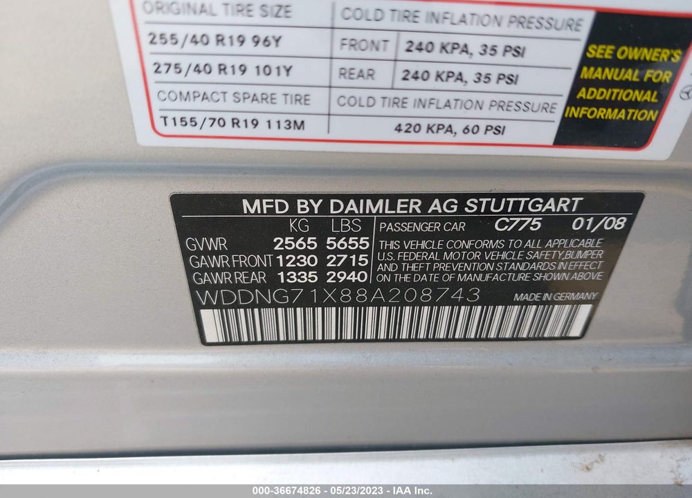 2008 MERCEDES-BENZ S 550 VIN: WDDNG71X88A208743