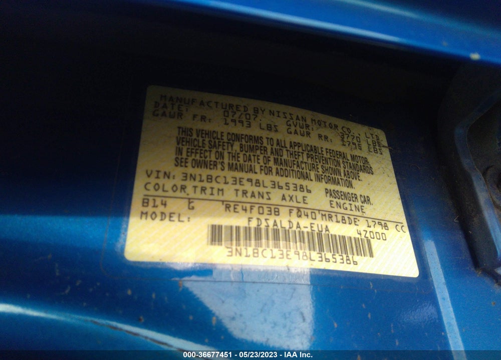 2008 NISSAN VERSA 1.8S VIN: 3N1BC13E98L365386