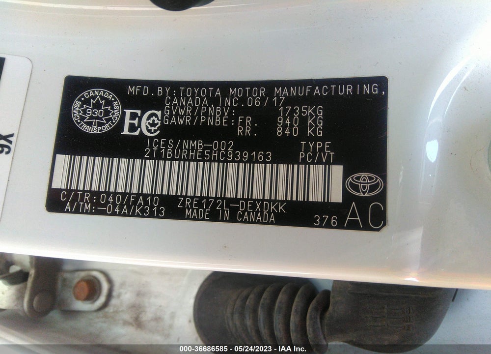 2017 TOYOTA COROLLA VIN: 2T1BURHE5HC939163