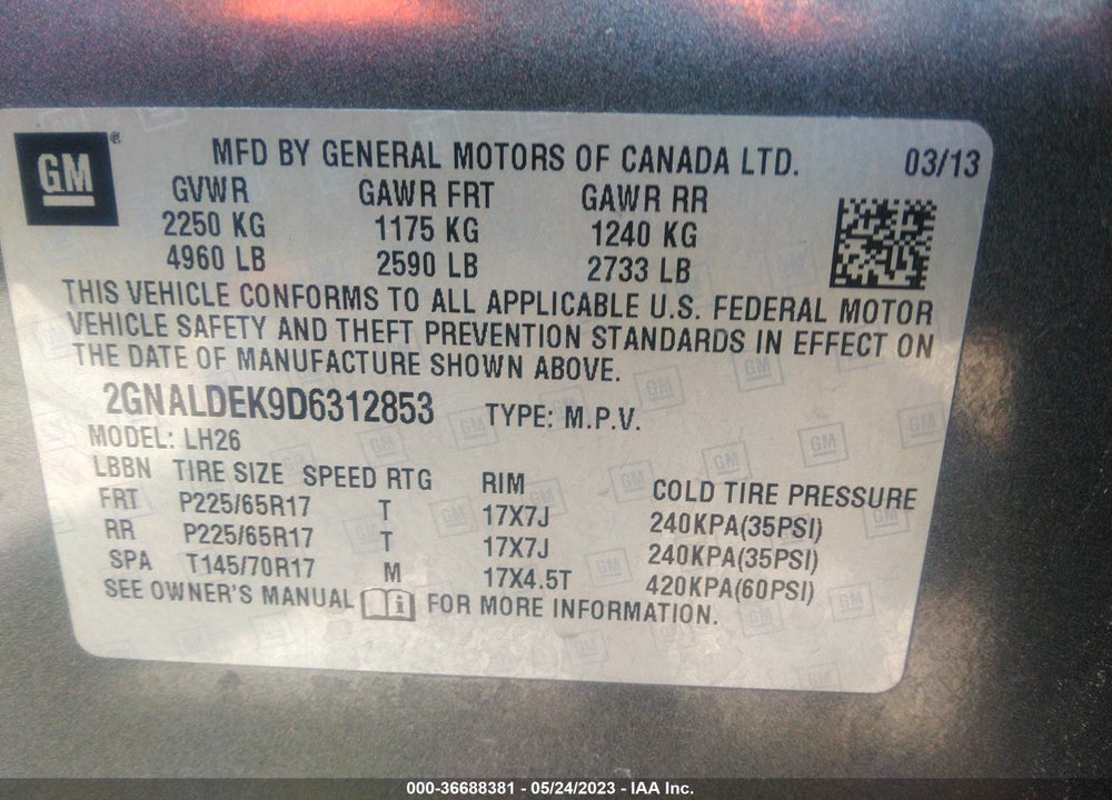 2013 CHEVROLET EQUINOX 1LT VIN: 2GNALDEK9D6312853