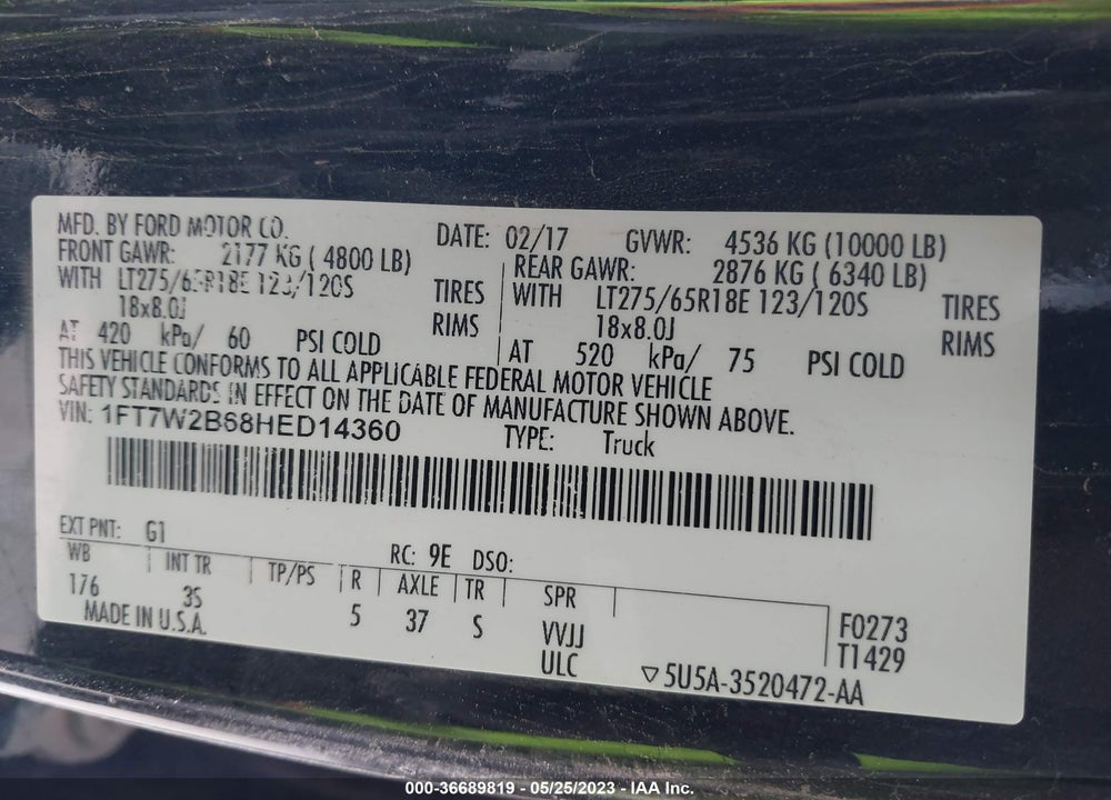 2017 FORD F-250 XLT VIN: 1FT7W2B68HED14360