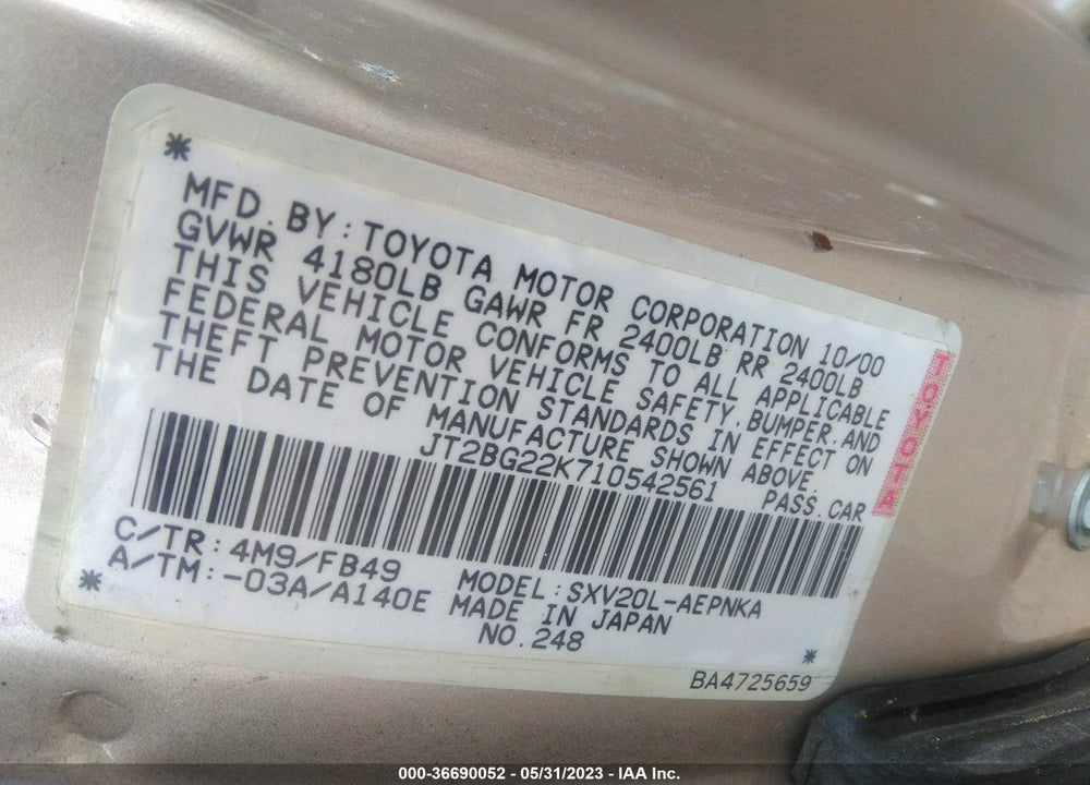 2001 TOYOTA CAMRY CE/XLE/LE VIN: JT2BG22K710542561